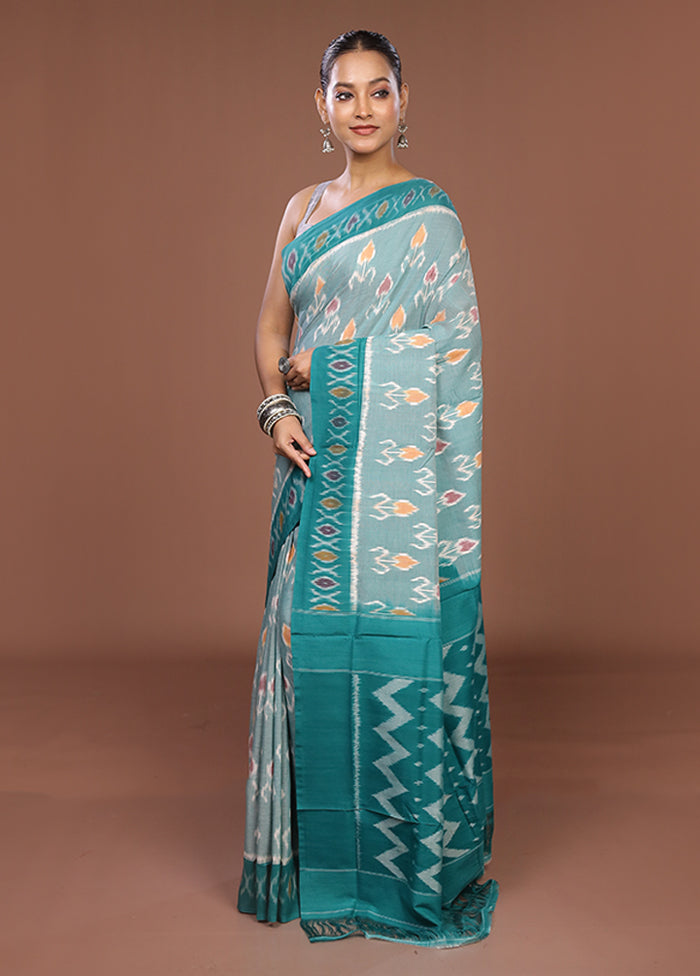 Sea Green Ikkat Cotton Saree Without Blouse Piece