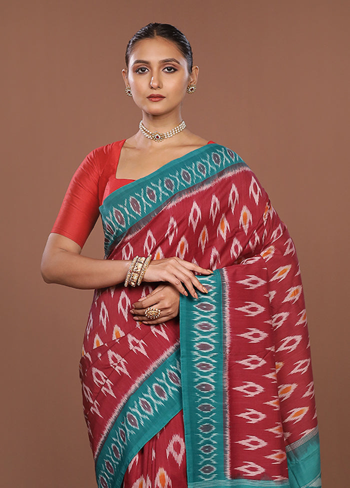 Maroon Ikkat Cotton Saree Without Blouse Piece