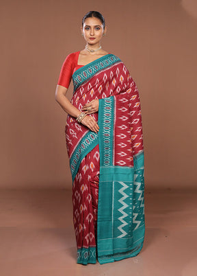Maroon Ikkat Silk Saree With Blouse Piece