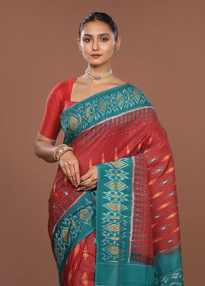 Rust Ikkat Cotton Saree With Blouse Piece