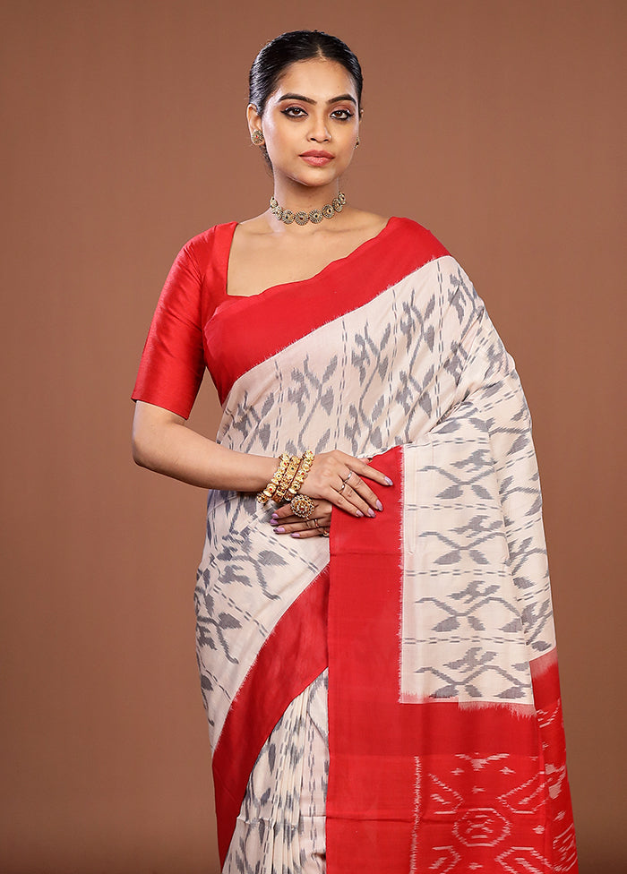 White Ikkat Cotton Saree With Blouse Piece