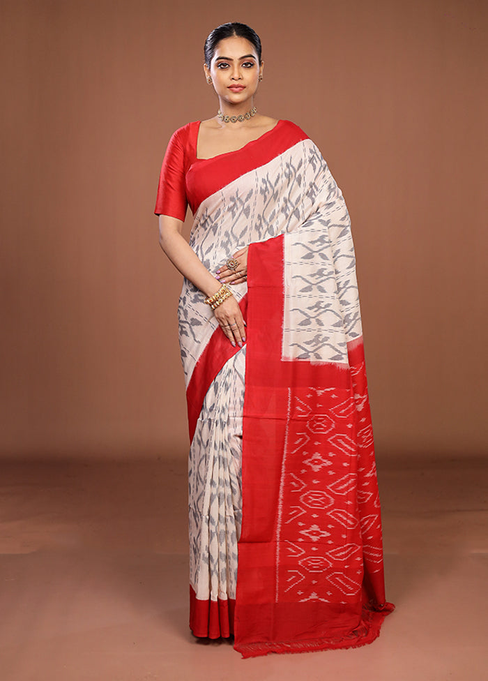 White Ikkat Cotton Saree With Blouse Piece
