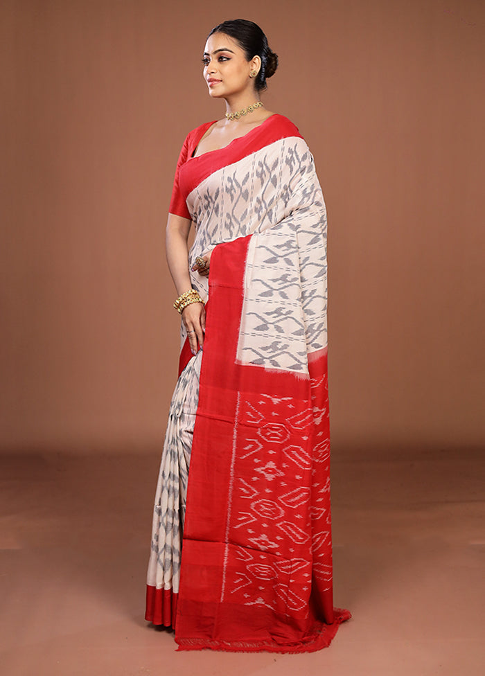 White Ikkat Cotton Saree With Blouse Piece