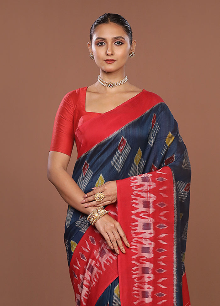 Blue Ikkat Silk Saree With Blouse Piece
