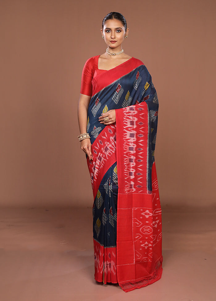 Blue Ikkat Silk Saree With Blouse Piece