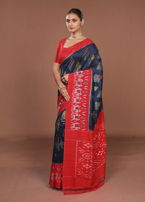 Blue Ikkat Silk Saree With Blouse Piece