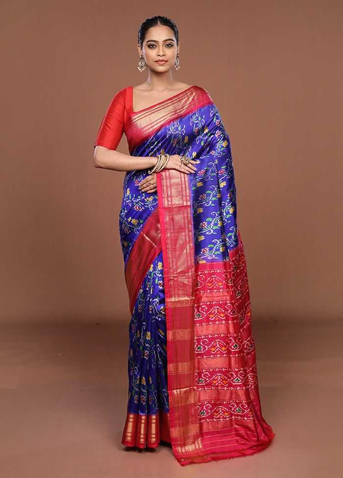 Blue Handloom Ikkat Pure Silk Saree With Blouse Piece
