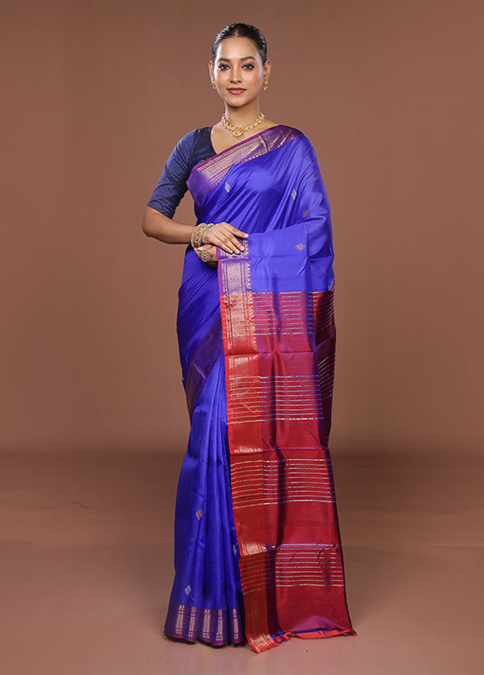 Blue Handloom Kanjivaram Pure Silk Saree With Blouse Piece