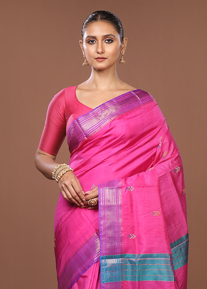 Pink Handloom Kanjivaram Pure Silk Saree With Blouse Piece