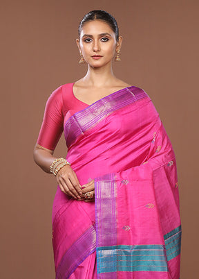 Pink Handloom Kanjivaram Pure Silk Saree With Blouse Piece