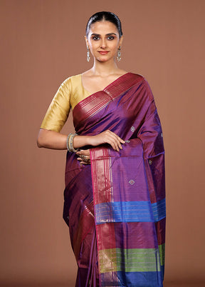 Purple Handloom Kanjivaram Pure Silk Saree With Blouse Piece
