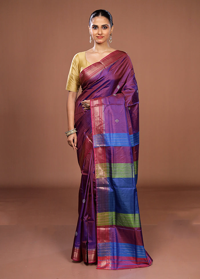 Purple Handloom Kanjivaram Pure Silk Saree With Blouse Piece