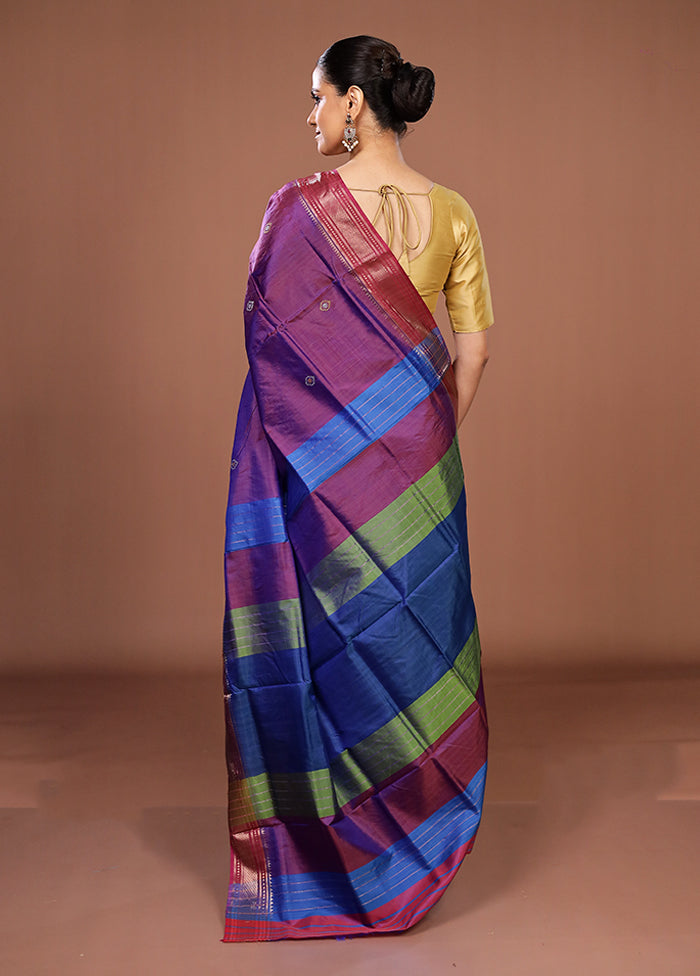 Purple Handloom Kanjivaram Pure Silk Saree With Blouse Piece