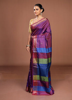 Purple Handloom Kanjivaram Pure Silk Saree With Blouse Piece