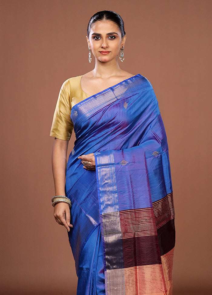 Blue Handloom Kanjivaram Pure Silk Saree With Blouse Piece