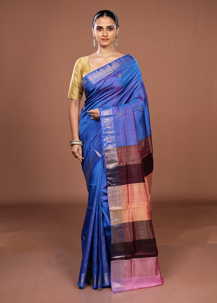 Blue Handloom Kanjivaram Pure Silk Saree With Blouse Piece