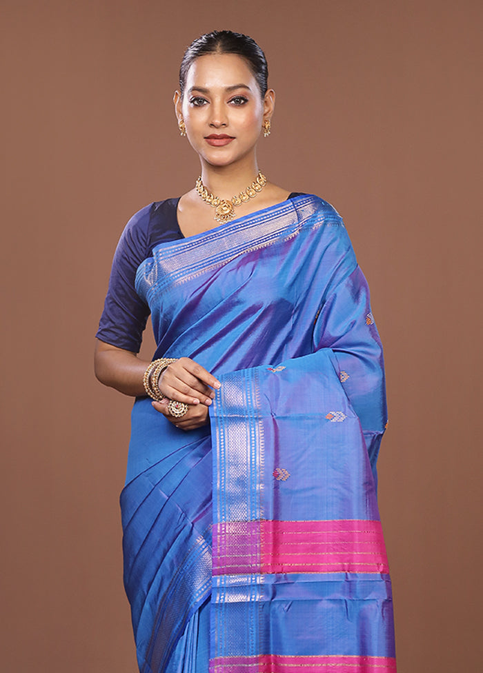 Blue Handloom Kalakhetra Pure Silk Saree With Blouse Piece