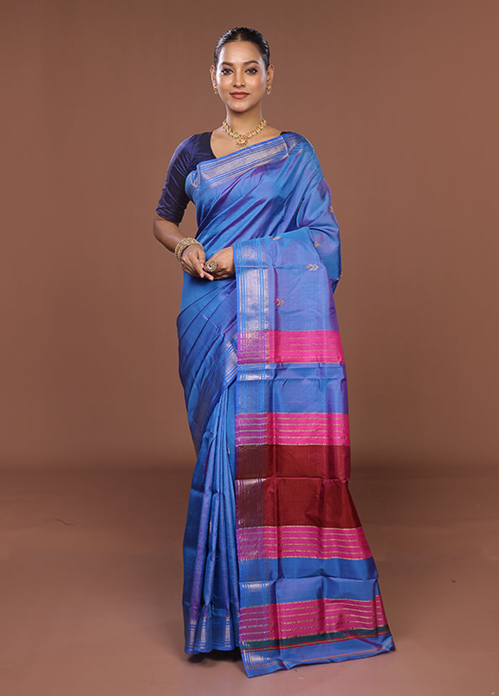 Blue Handloom Kalakhetra Pure Silk Saree With Blouse Piece