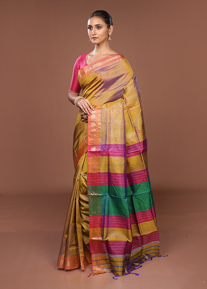Multicolor Handloom Kanjivaram Pure Silk Saree With Blouse Piece