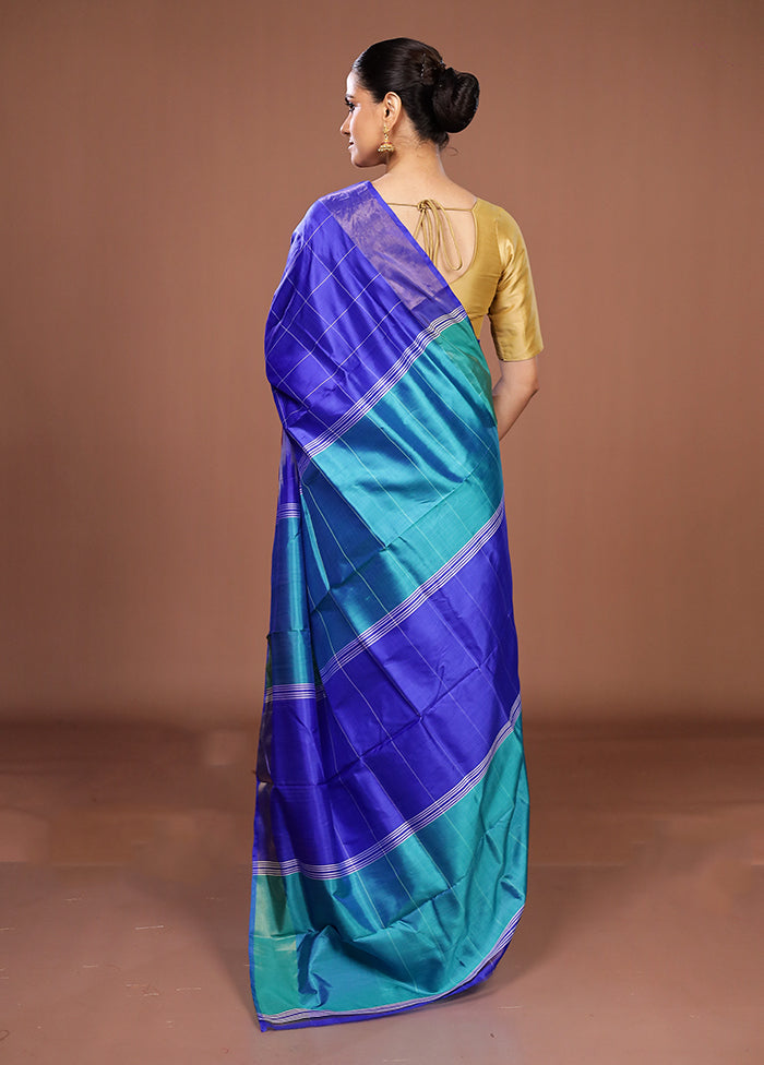 Blue Handloom Kanjivaram Pure Silk Saree With Blouse Piece