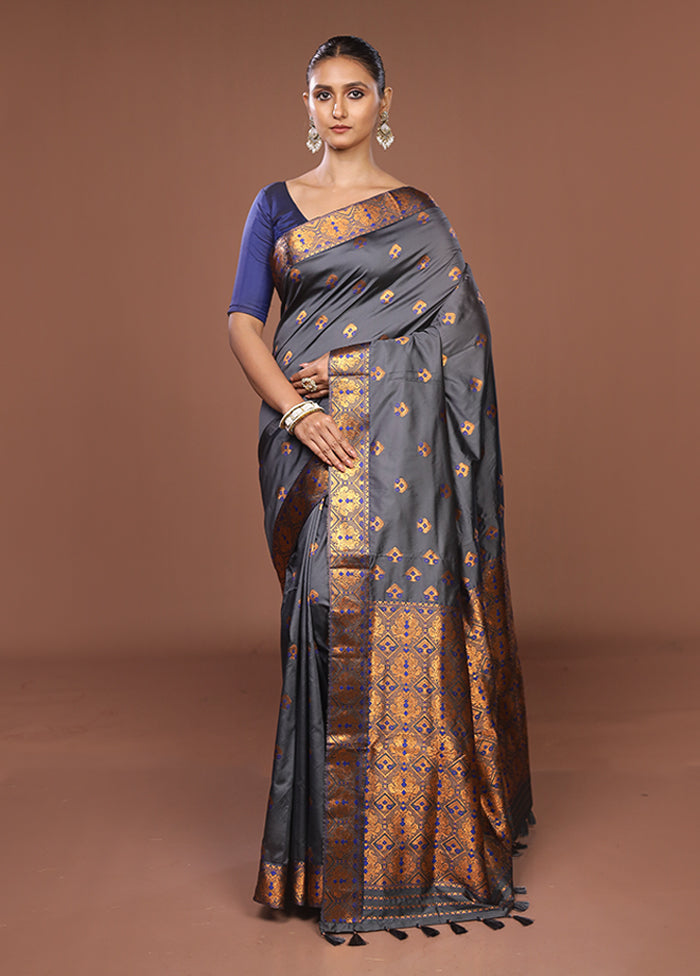 Grey Assam Silk Saree With Blouse Piece