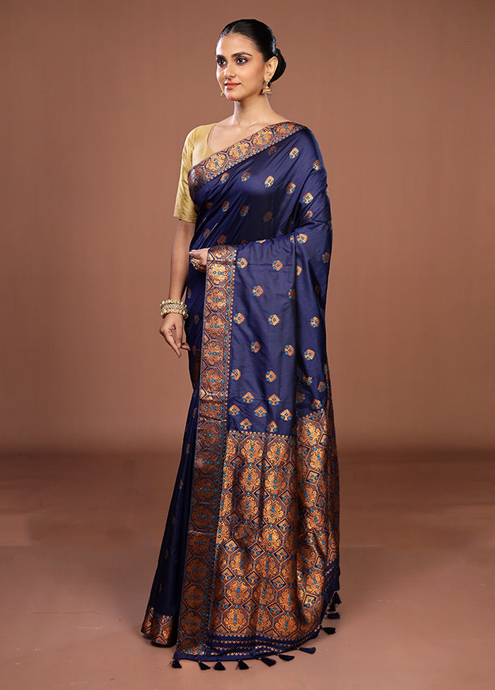 Blue Assam Silk Saree With Blouse Piece