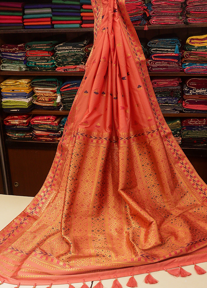 Peach Assam Silk Saree With Blouse Piece