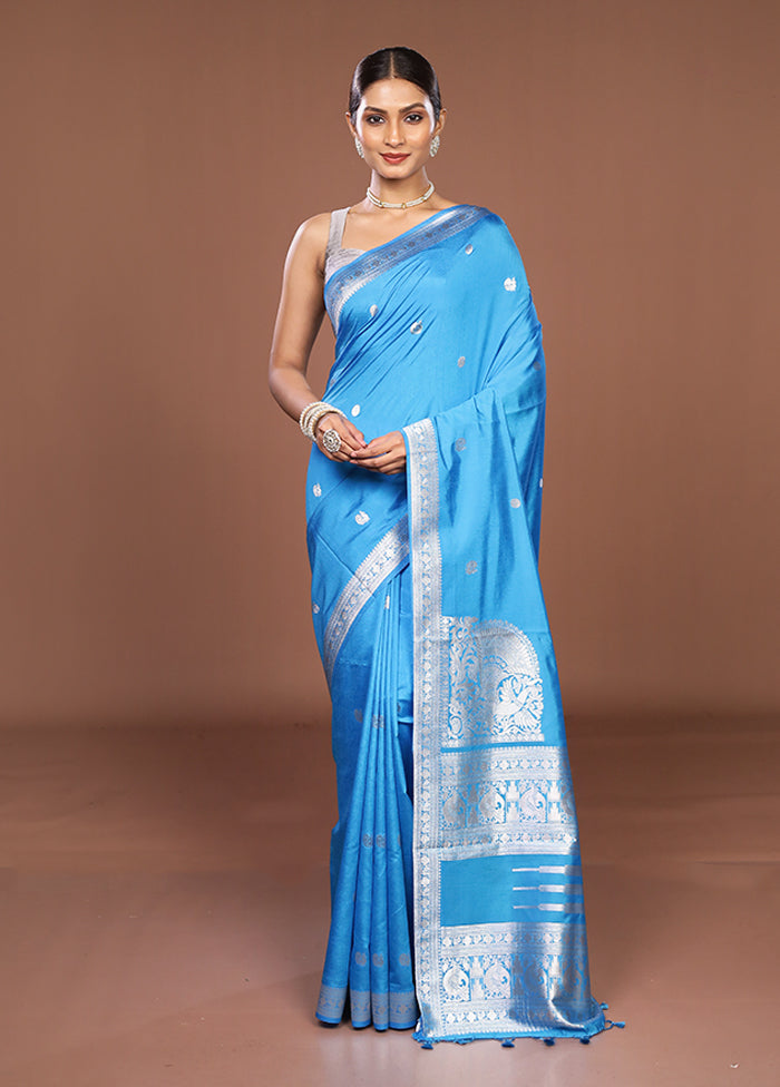 Blue Dupion Silk Saree With Blouse Piece