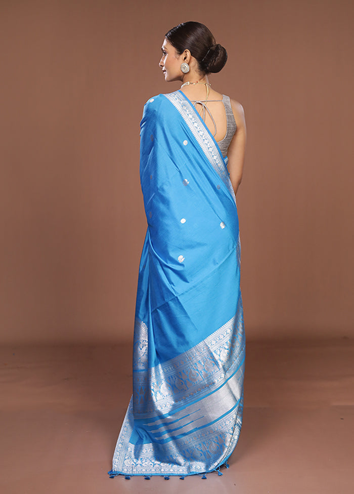 Blue Dupion Silk Saree With Blouse Piece
