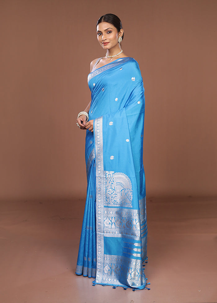 Blue Dupion Silk Saree With Blouse Piece