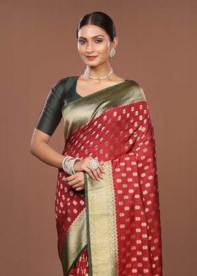 Red Dupion Silk Saree With Blouse Piece