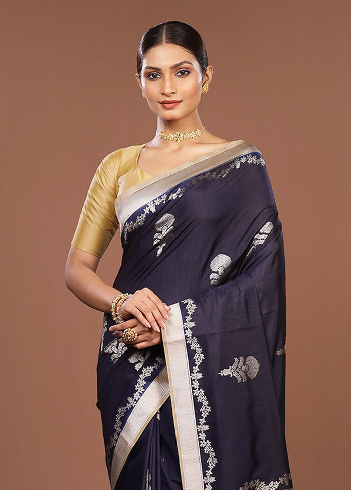 Blue Dupion Silk Saree With Blouse Piece
