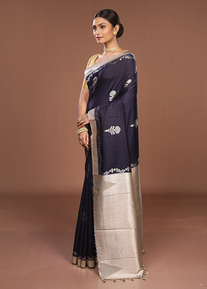 Blue Dupion Silk Saree With Blouse Piece