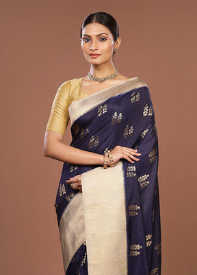 Blue Dupion Silk Saree With Blouse Piece