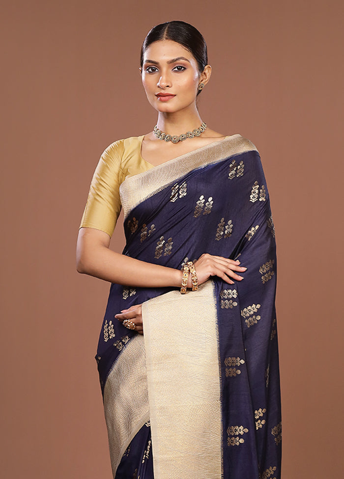 Blue Dupion Silk Saree With Blouse Piece