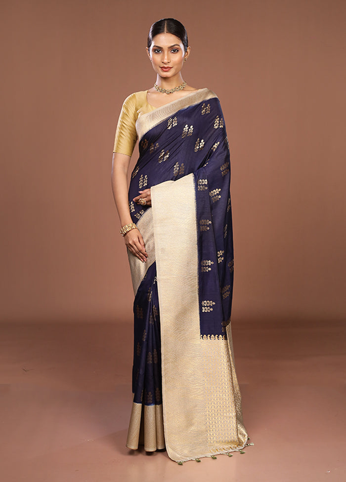Blue Dupion Silk Saree With Blouse Piece