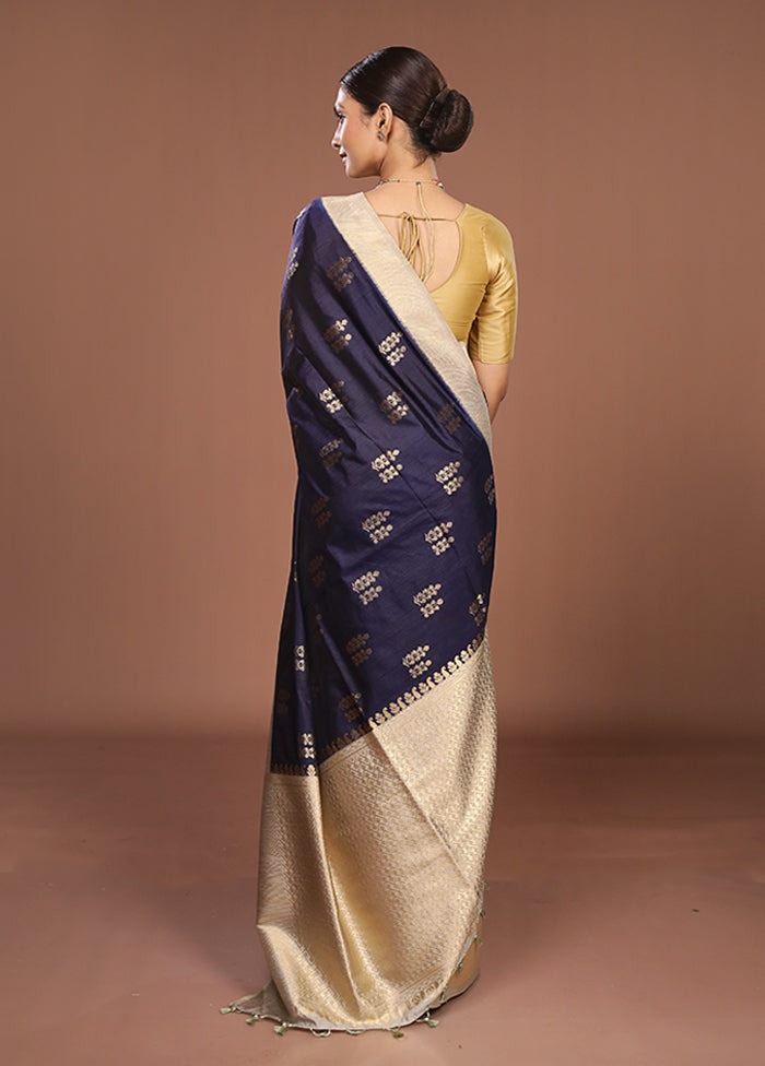 Blue Dupion Silk Saree With Blouse Piece