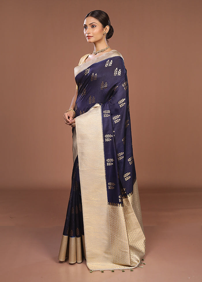 Blue Dupion Silk Saree With Blouse Piece