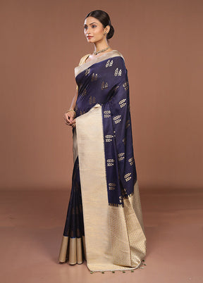 Blue Dupion Silk Saree With Blouse Piece