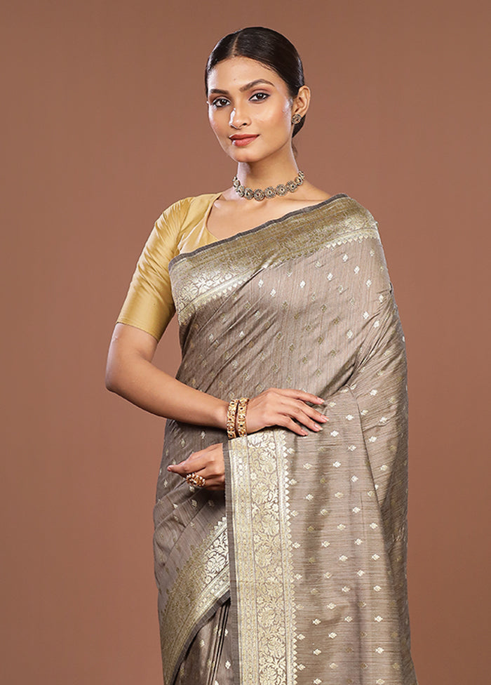 Grey Tussar Silk Saree With Blouse Piece