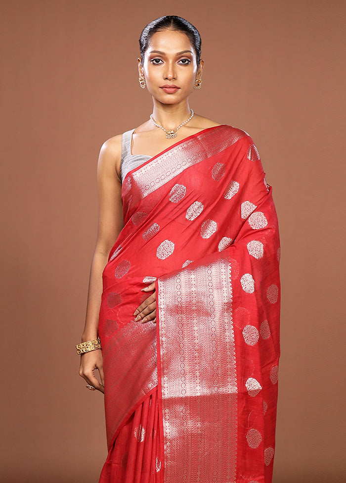 Red Dupion Silk Saree With Blouse Piece