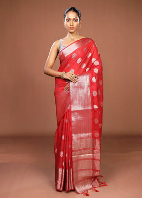 Red Dupion Silk Saree With Blouse Piece