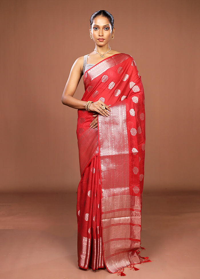 Red Dupion Silk Saree With Blouse Piece
