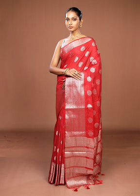 Red Dupion Silk Saree With Blouse Piece