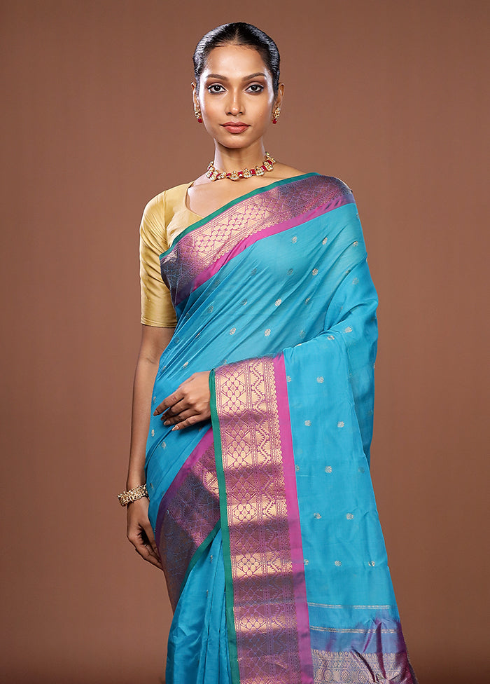 Blue Gadwal Pure Silk Saree Without Blouse Piece