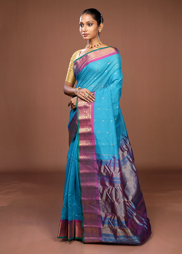 Blue Gadwal Pure Silk Saree Without Blouse Piece