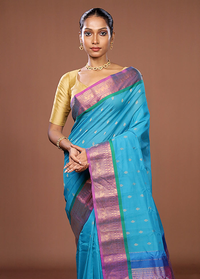 Blue Gadwal Pure Silk Saree Without Blouse Piece