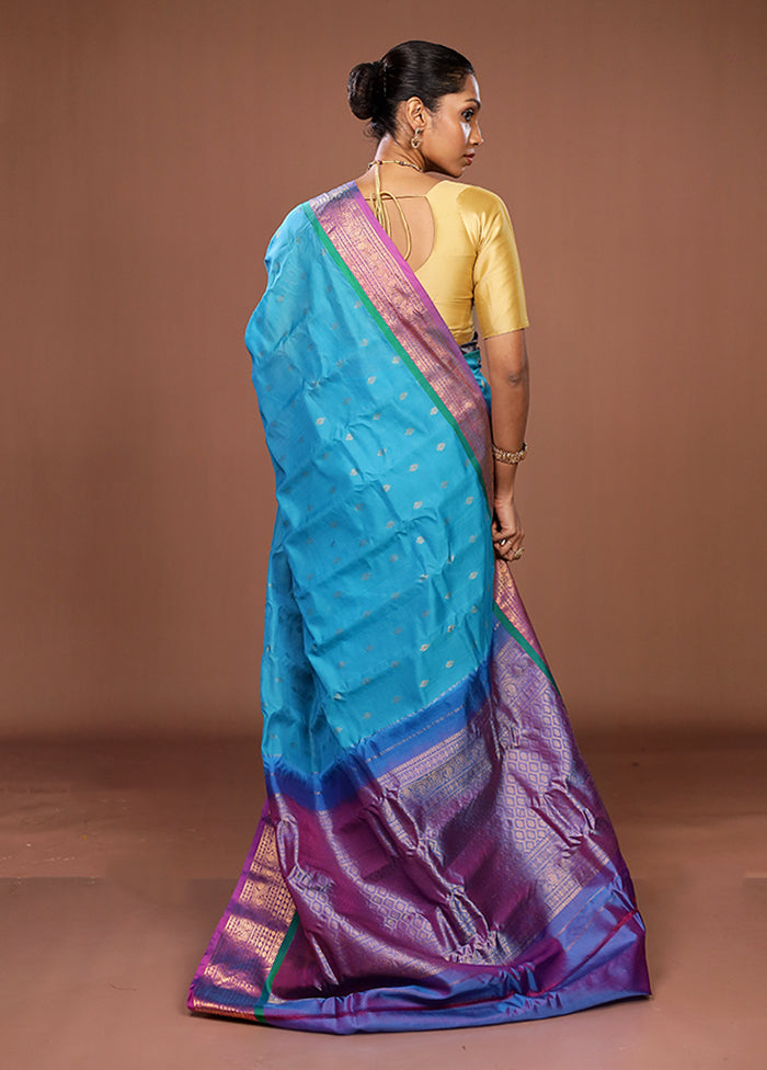Blue Gadwal Pure Silk Saree Without Blouse Piece