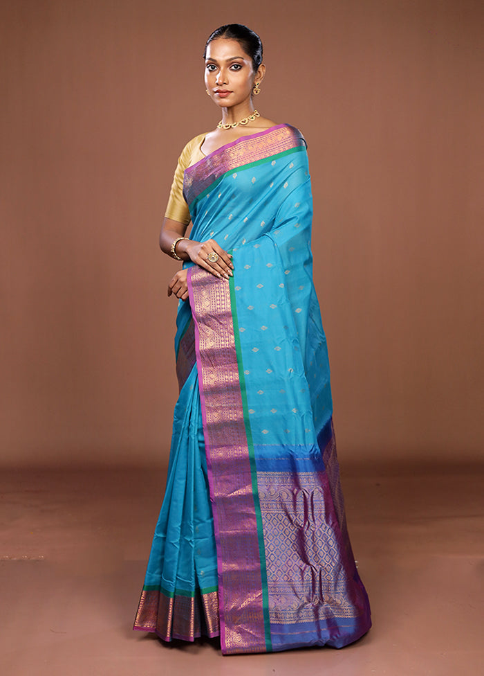 Blue Gadwal Pure Silk Saree Without Blouse Piece