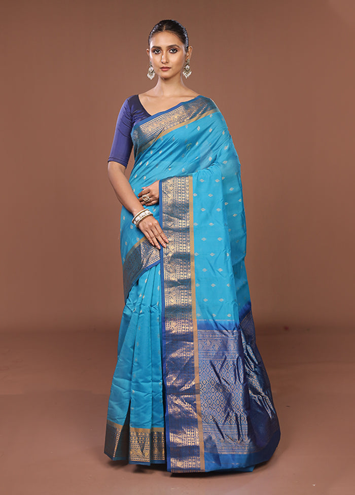 Blue Gadwal Pure Silk Saree Without Blouse Piece